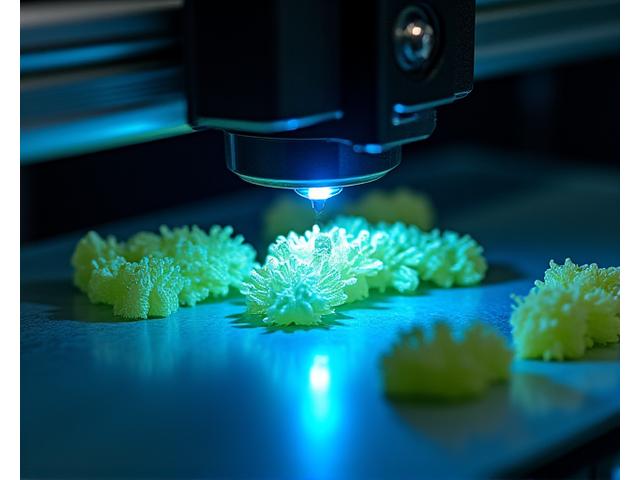 稼働中の高性能3Dプリンターが複雑なルアーパーツを精密に造形している様子。青いレーザー光が美しい。