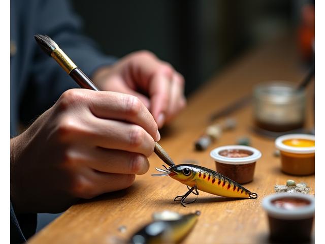 職人が手作業でルアーの最終調整を行っている工房。繊細な筆遣いでディテールを描く様子。