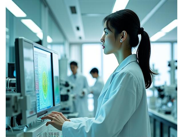 最新の試験機が並ぶクリーンな研究開発ラボの内部。技術者が真剣な表情でデータを分析している。