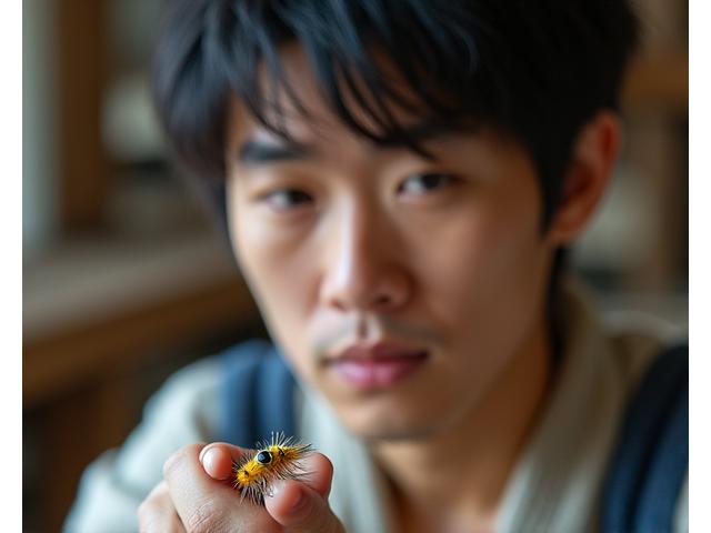 初期の手作り昆虫ルアーと創業者佐藤友明氏の若き日の肖像。職人技が光る繊細なルアーを手に笑顔。