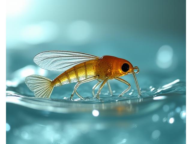 透明な樹脂で制作された、生命感あふれる精巧な水生昆虫のイミテーションルアーの接写。水面の波紋が写り込む。