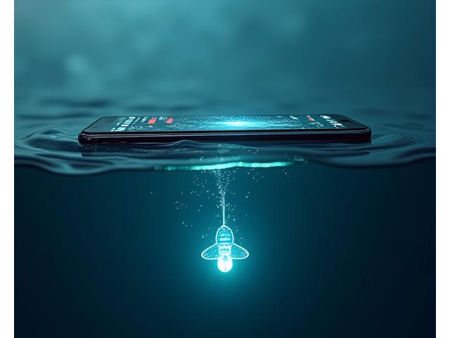スマートフォンのアプリ画面でAIが魚群情報を解析しているイメージ。水中に浮遊する小型スマートセンサーも見える。