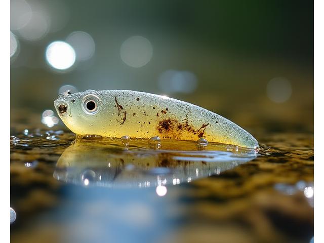 水底で微生物によって分解され始めた美しいバイオ分解性ルアーのクローズアップ。環境への配慮が伝わる。