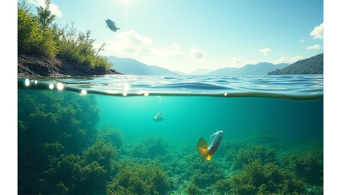 湖に広がるプラスチックゴミが地球に還るイメージ
