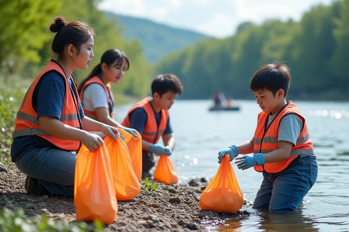 地域コミュニティのメンバーが川岸でゴミを拾う活動の様子