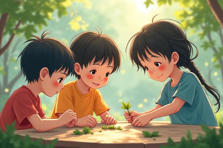 子供たちが自然の中で環境教育ワークショップに参加している様子