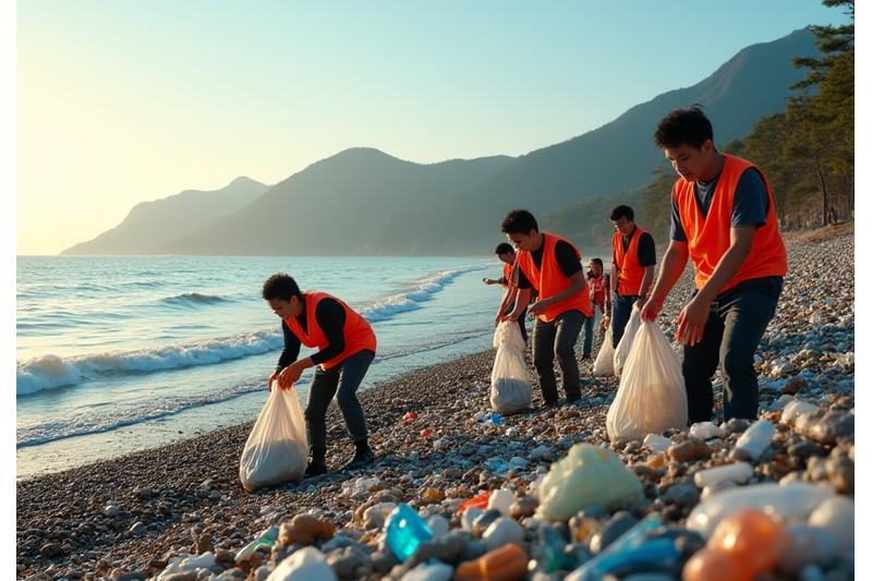 漁師たちが海岸で海洋プラスチックゴミを収集している様子