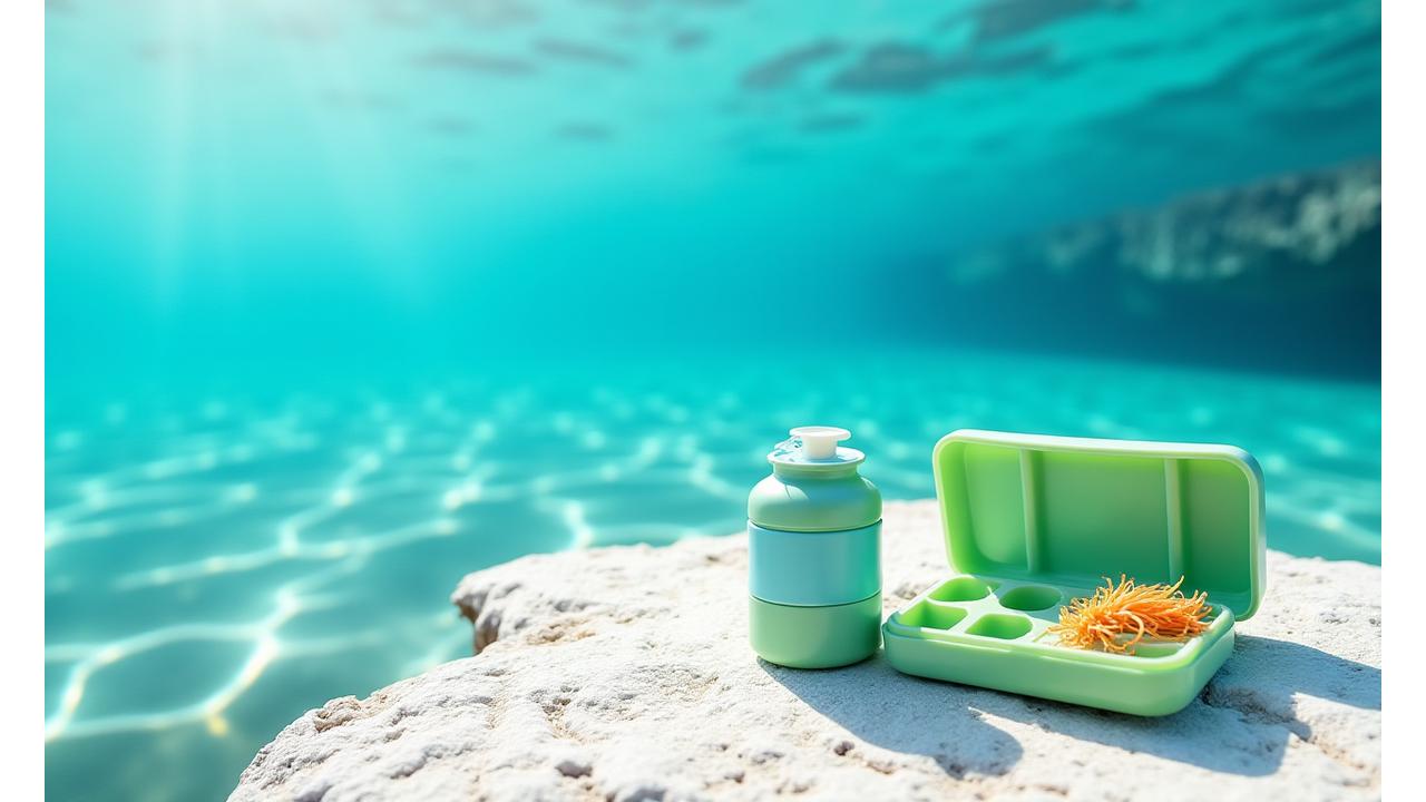 再生プラスチック製品が並び、その奥に澄んだ海が広がるイメージ