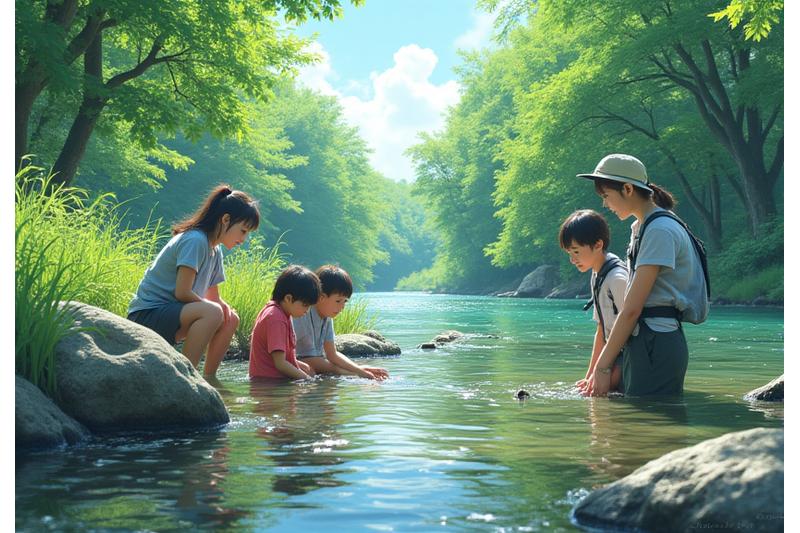 水辺でのフィールドワーク風景