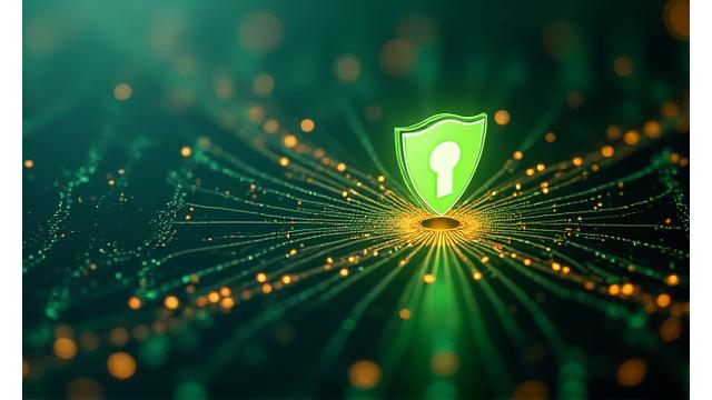データの安全な送受信を示す鍵とシールドのアイコン、デジタルネットワークを背景に