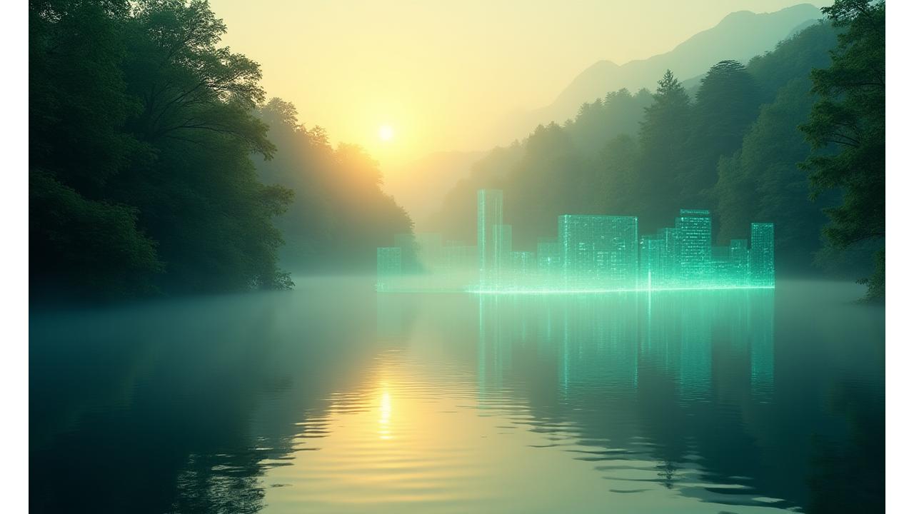 AI分析画面と未来的な釣り風景が融合した背景