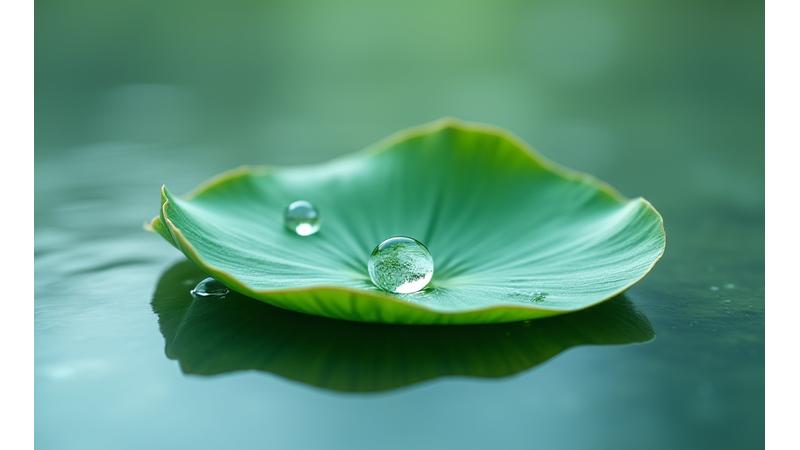 水上の蓮の葉と透明な水滴。揺らぎと安定性の対比。