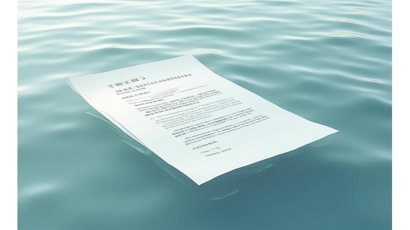 透明な水の波紋と契約書を模した書類、日本的なミニマリズム