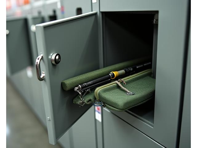 駅のコインロッカーに収納されているTomodragonflyのコンパクトな釣り具