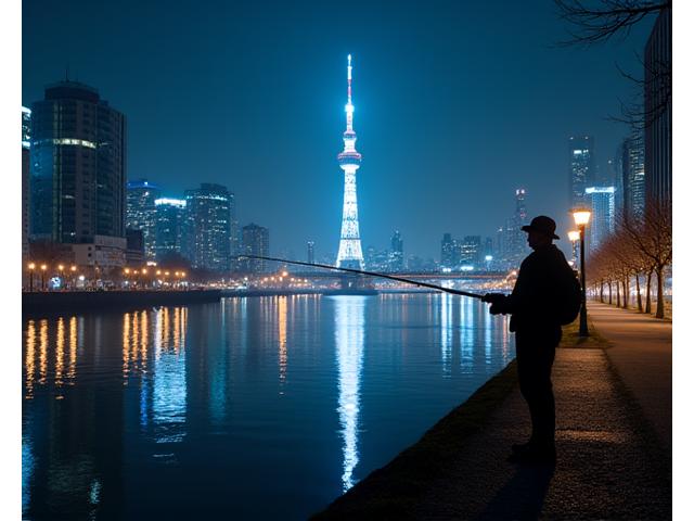 隅田川と東京スカイツリーを背景にした釣り風景