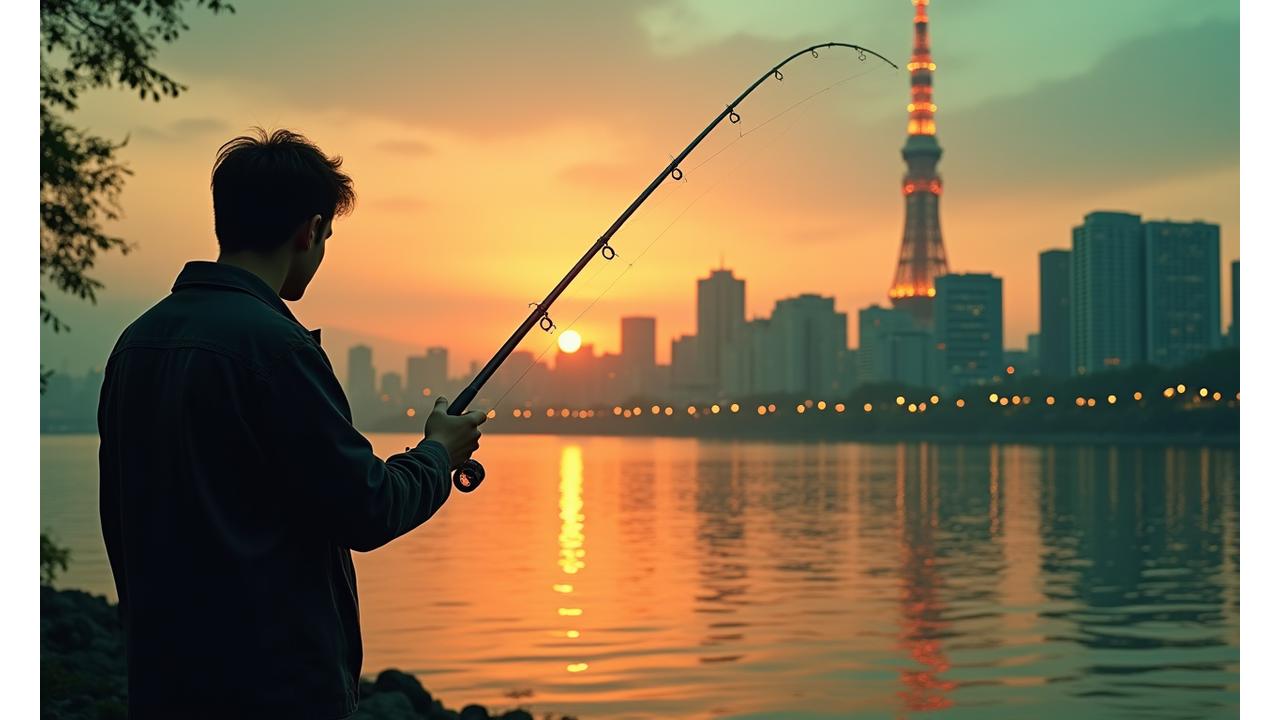都市の夕景を背景に釣りをするアングラーとTomodragonflyのコンパクトな釣り具